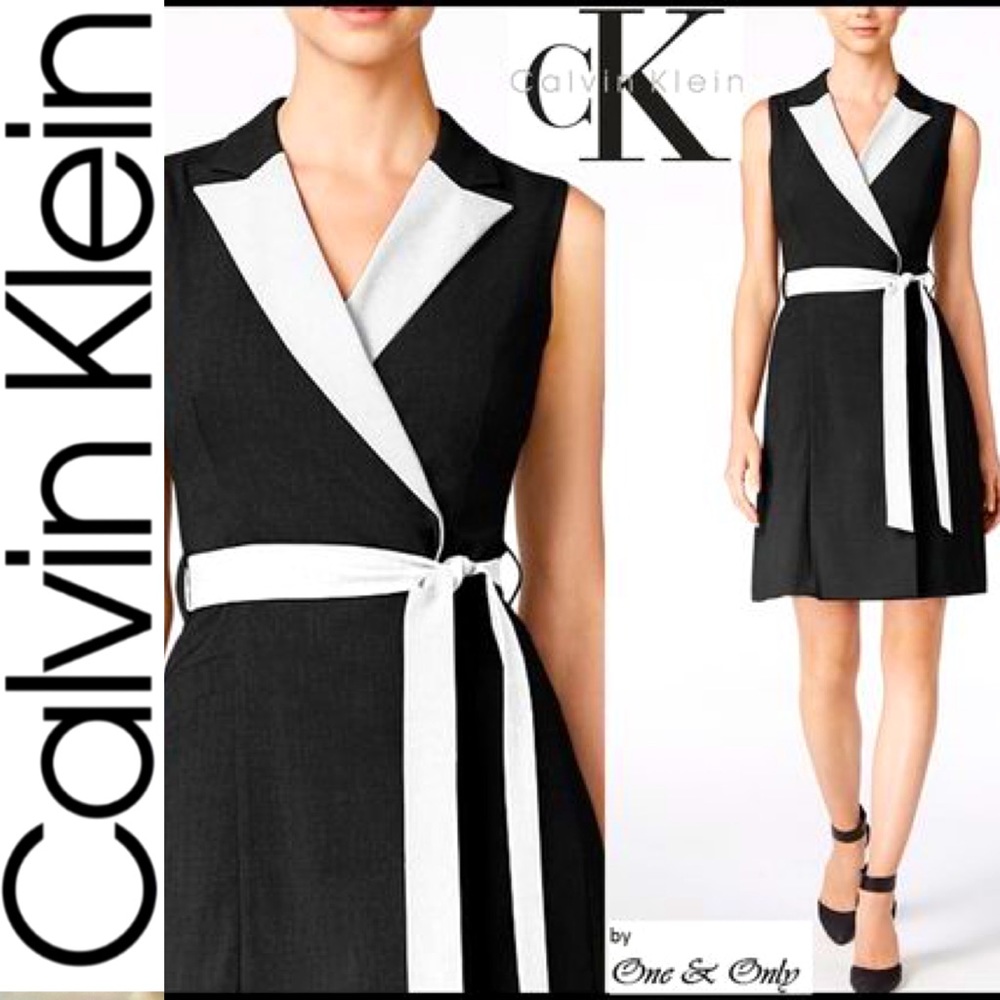 CALVIN KLEIN COLOR BLOCK BLACK WHITE WRAP DRESS BELT COLLAR